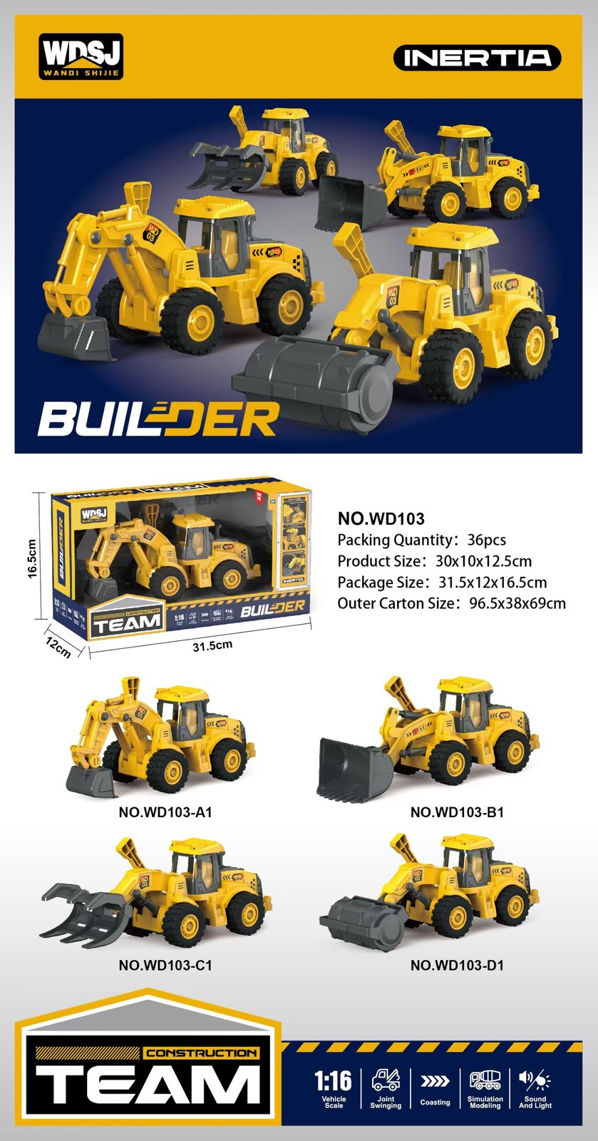 1:16 1:18 Construction Vehicle Toy Set Excavator Loader Roller w/ Sound & Light