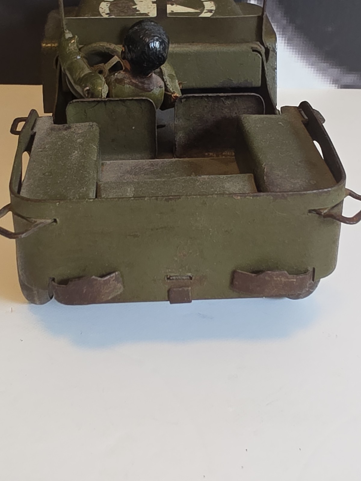 Vintage Pressed Steel Willys Jeep Military Toy w/ Driver France? 1940s 1950s