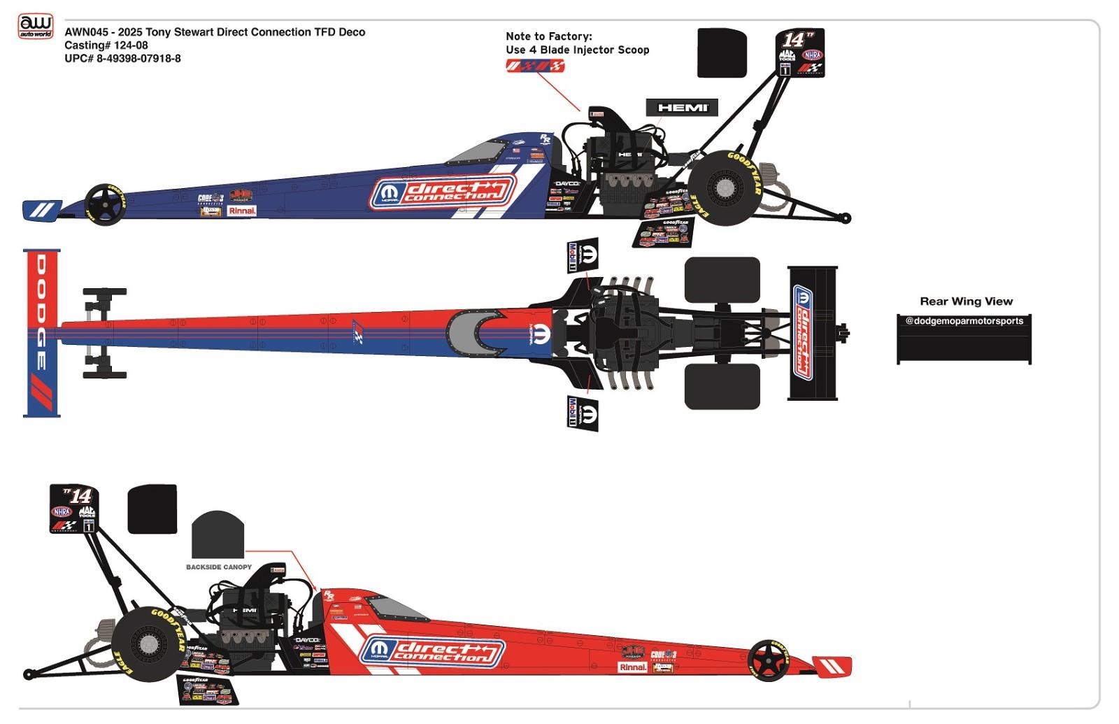 Auto World 2025 Tony Stewart Mopar Direct Connection Dragster 1:24 Scale AWN045