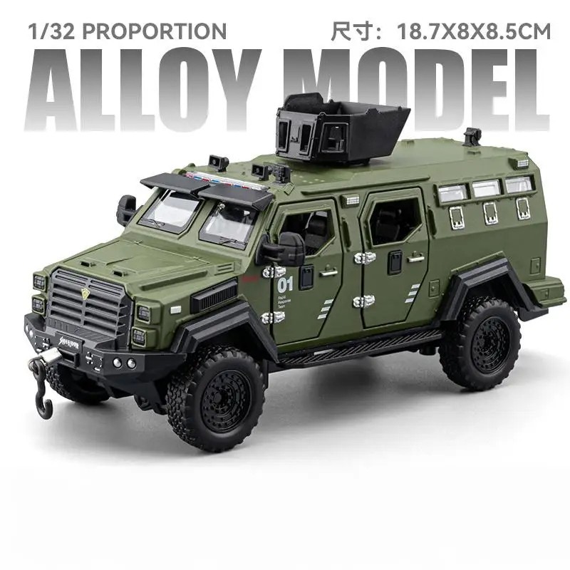 1:32 Police Armored Off-Road Diecast Car Model – Alloy Military Truck w/ Light