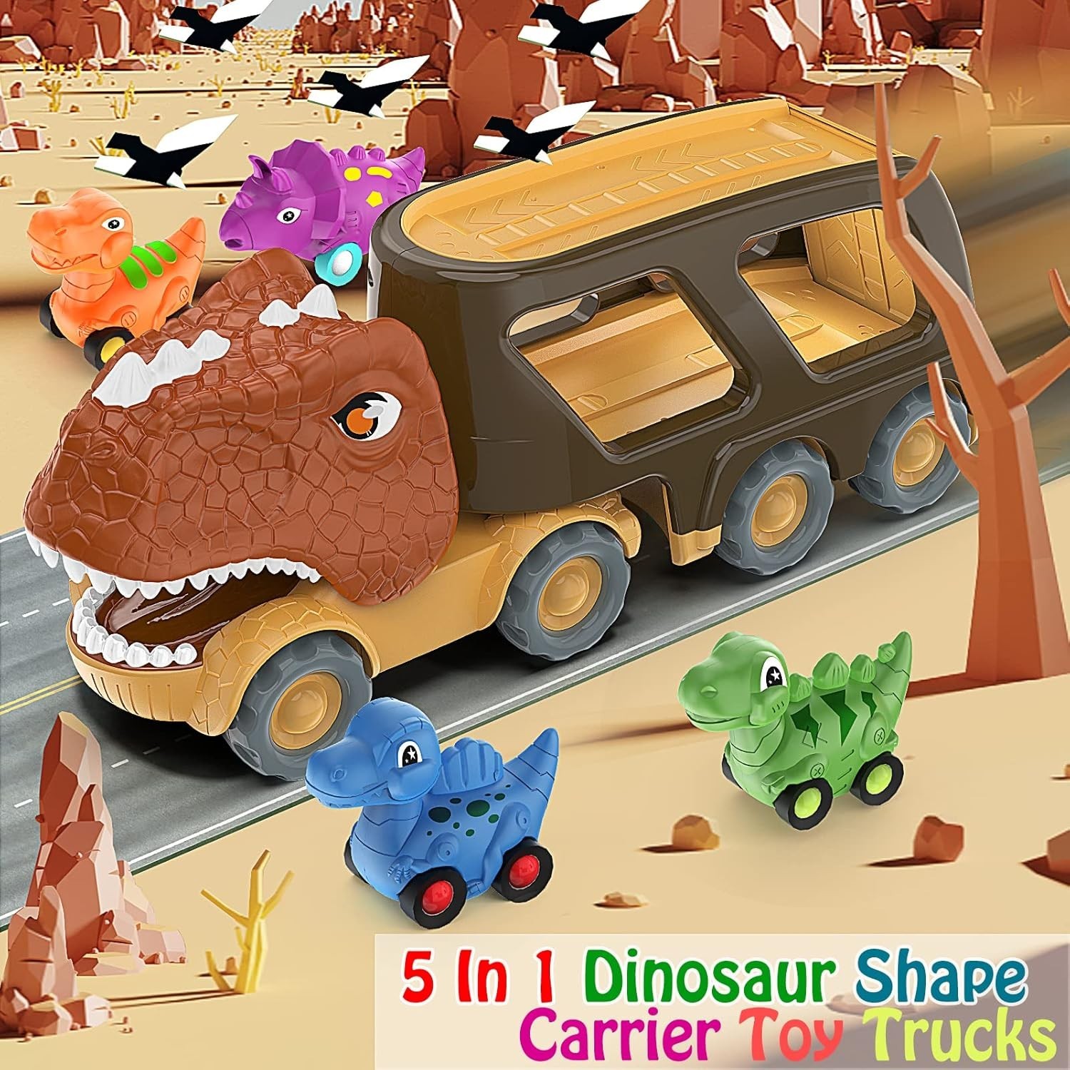 Dinosaur Car Toy for 2 3 4 5 Old Boys, Friction Power Carrier Truck with 4 P…