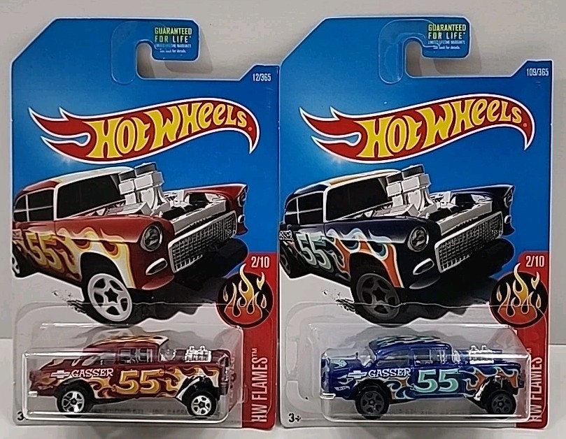 Hot Wheels Lot Of 2 2016 ’55 Chevy Bel Air Gasser HW Flames 1 Red, 1 Blue