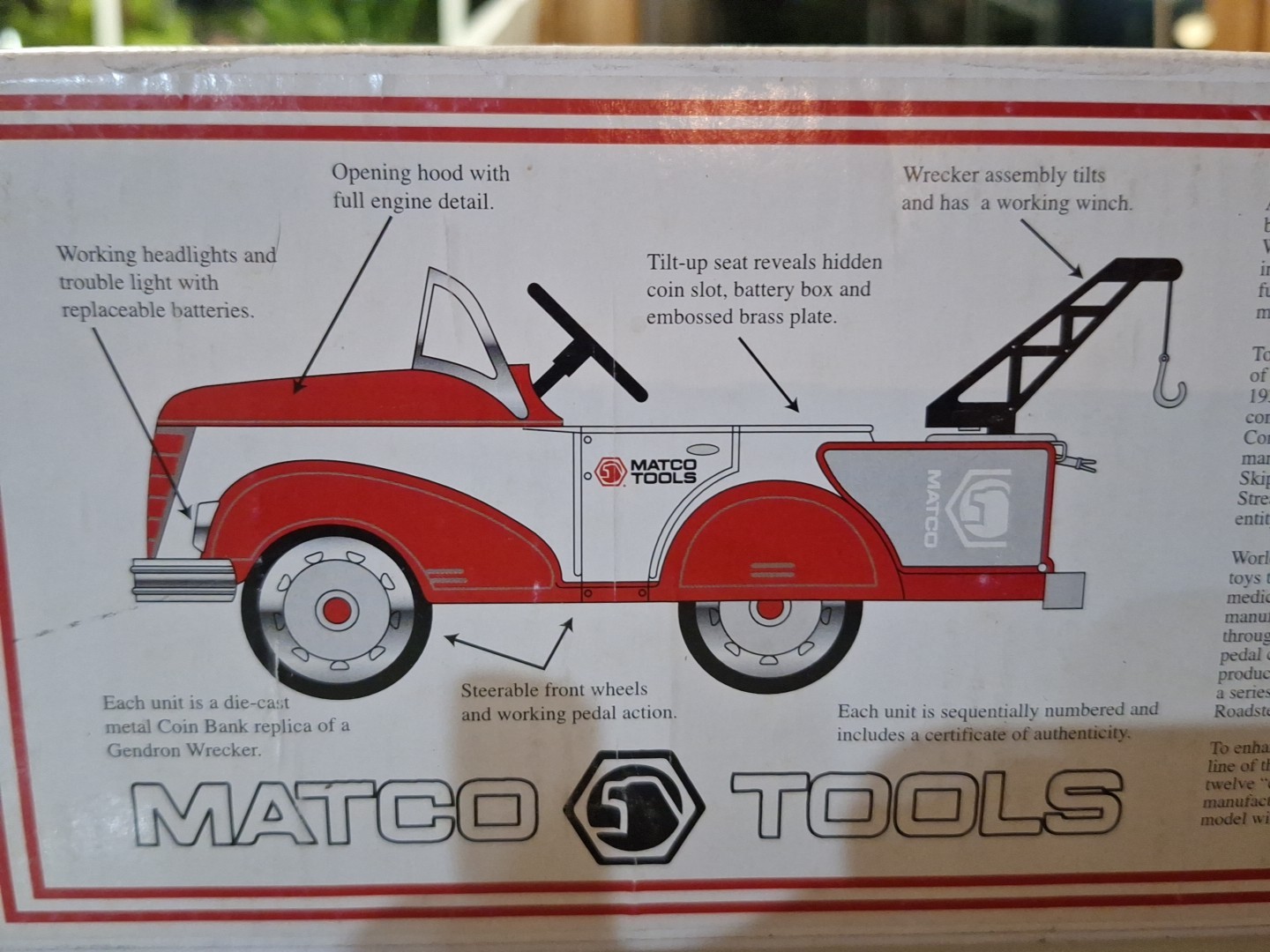 Matco Tools 1940 Gendron Tow Truck Pedal Car Bank 1/6 Diecast NIB Limited
