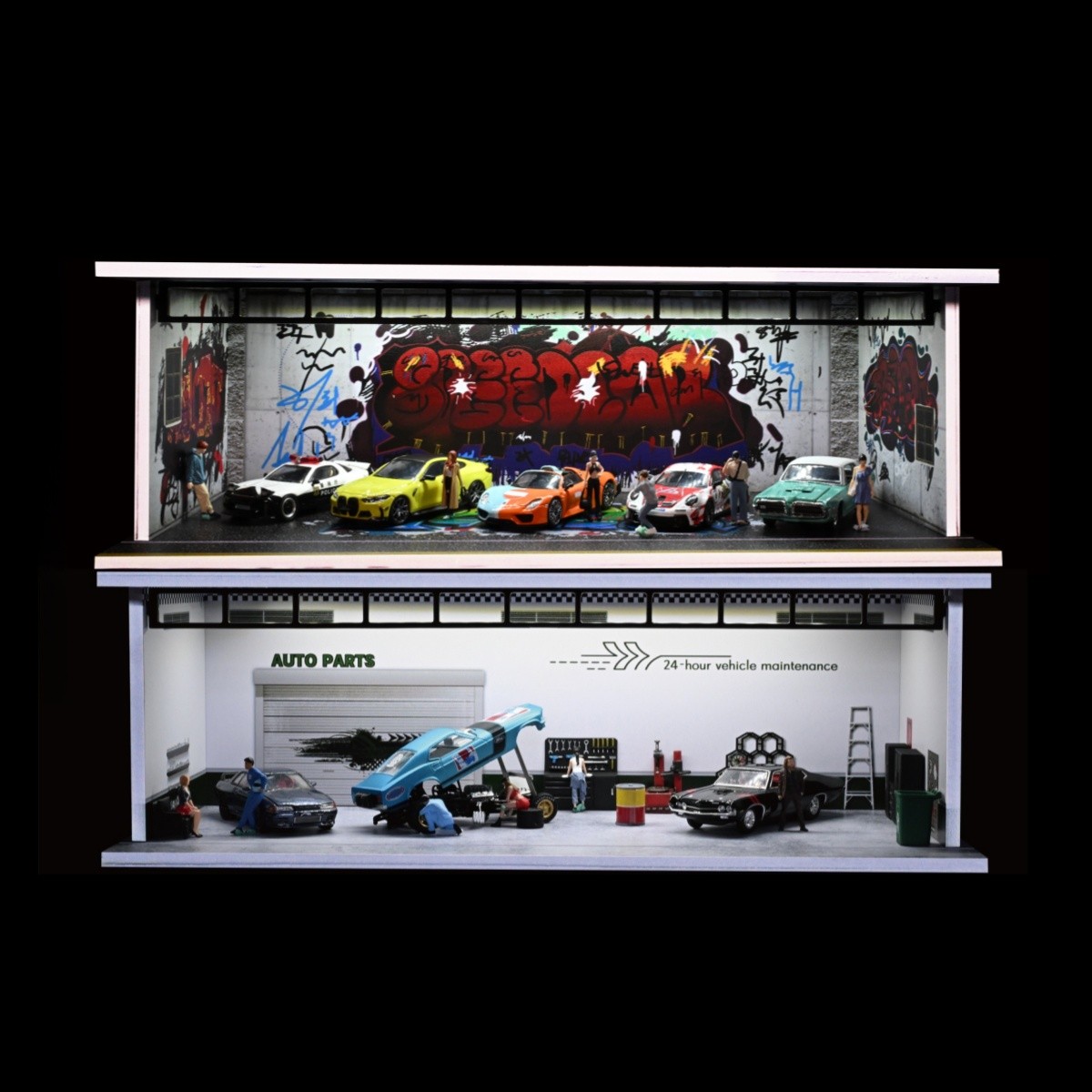 1/64 Diorama Car Garage Model LED Lighting Car Showroom Scene Display Model Gift