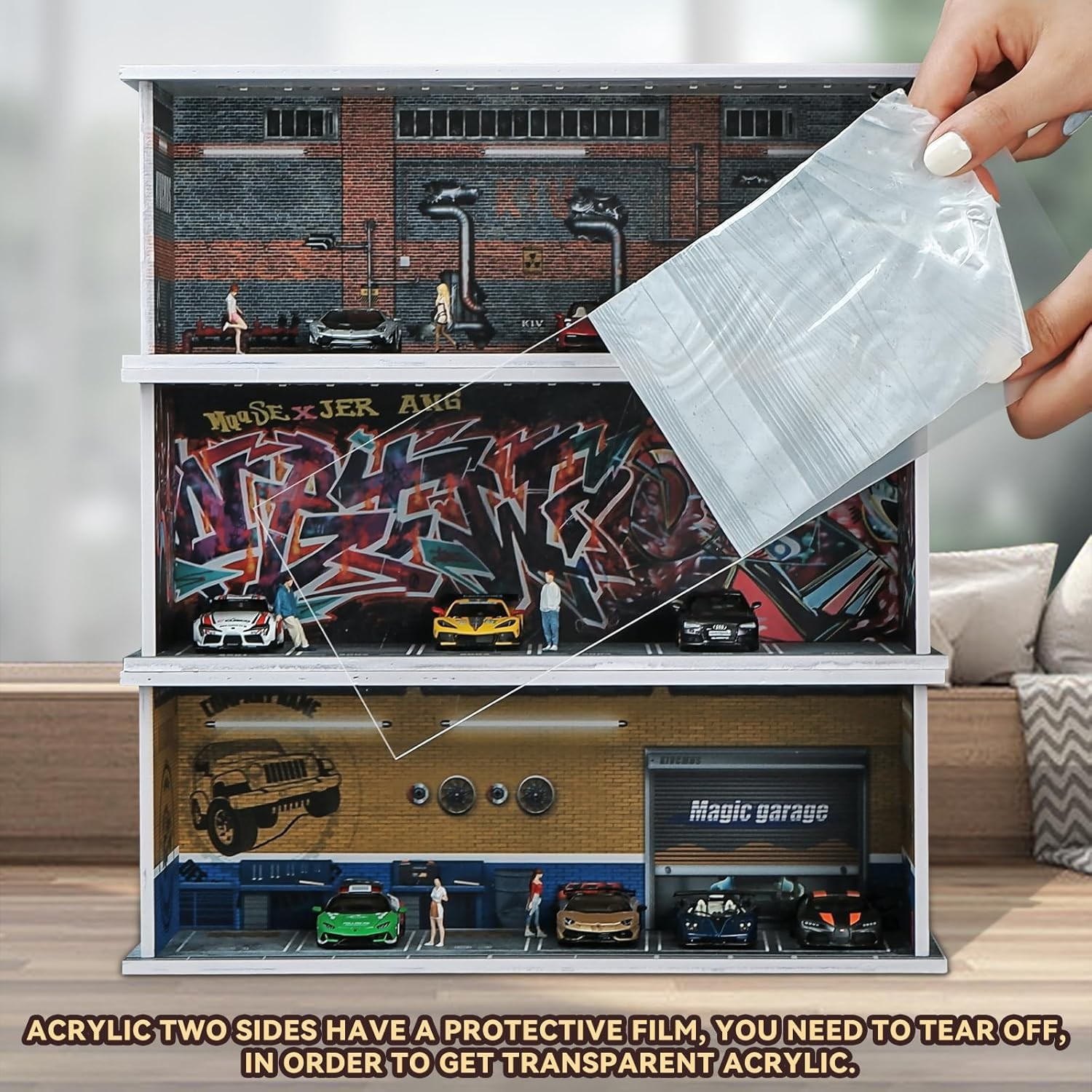 1/64 Diorama Car Garage Model LED Lighting City Parking Lot Scene Building Model