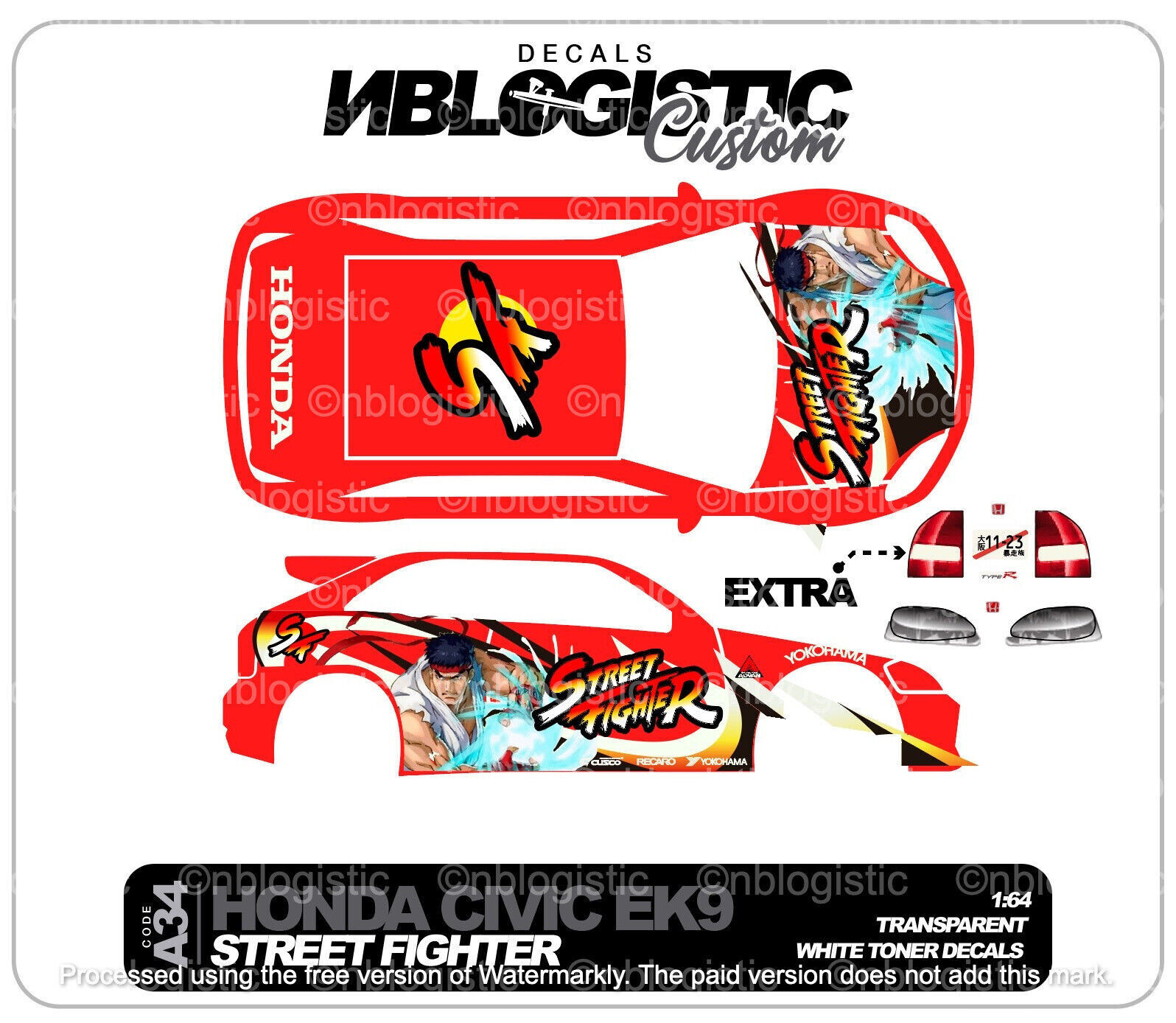HONDA CIVIC TYPE R Universal WaterSlide Decal for hot wheels 1/64 Scale 034