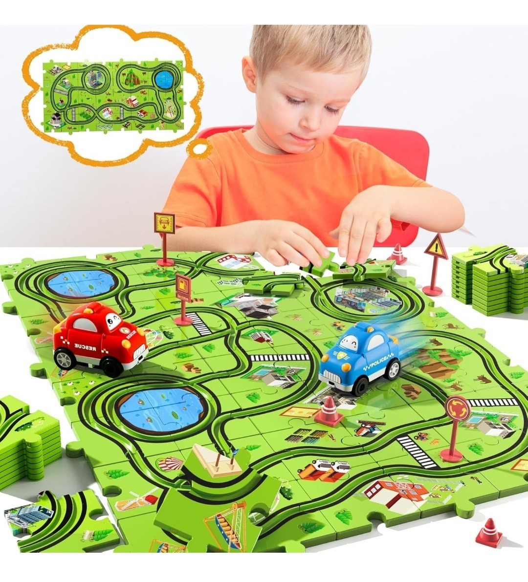 48PCS Puzzle Race Track Car Set for Kids Boy & Girl Floor Puzzle Tracks Car Toys