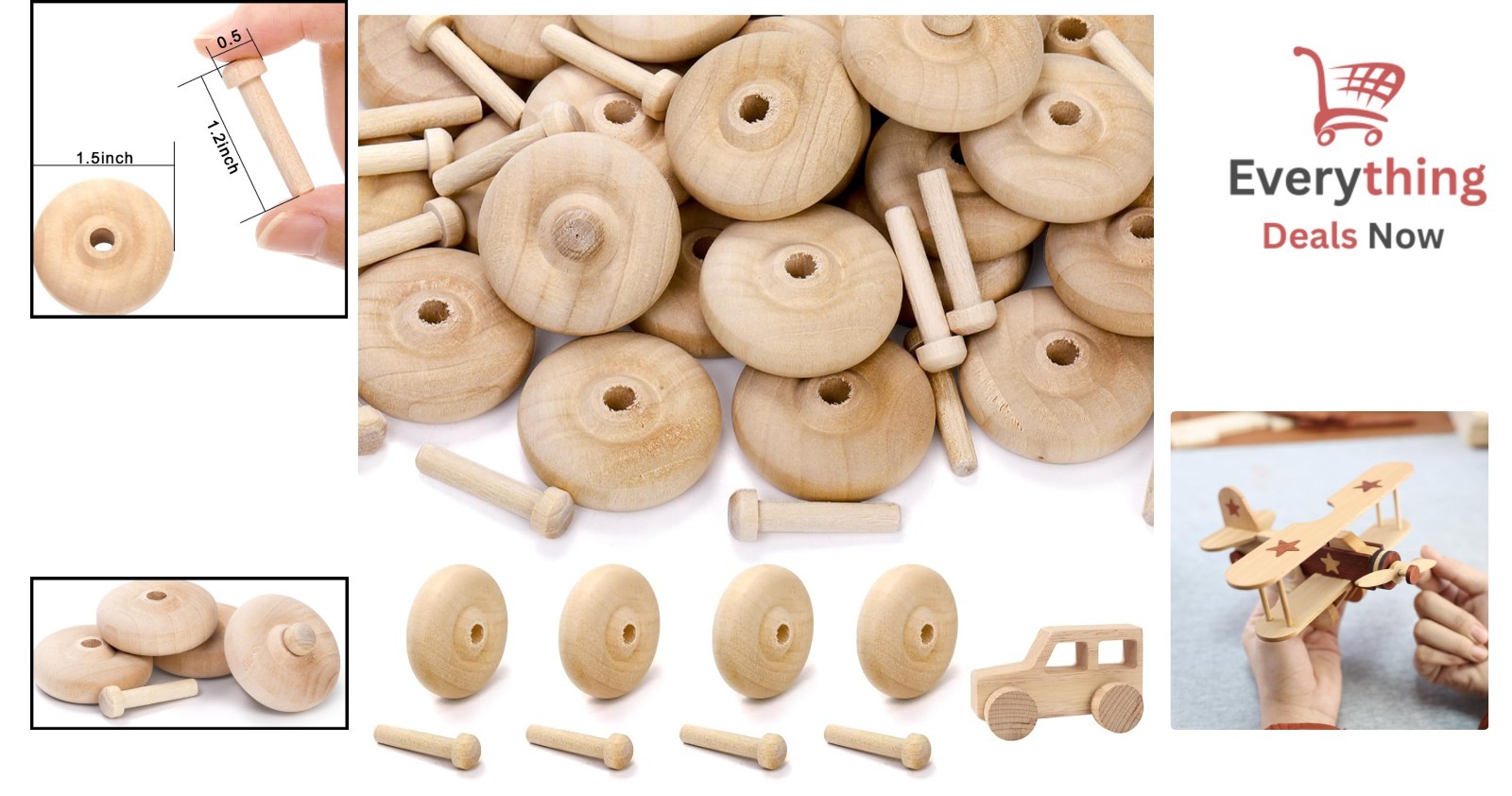 36 Sets Wooden Toy Car Wheels and Axles 1.5 Inch Wood Craft Parts for DIY Models