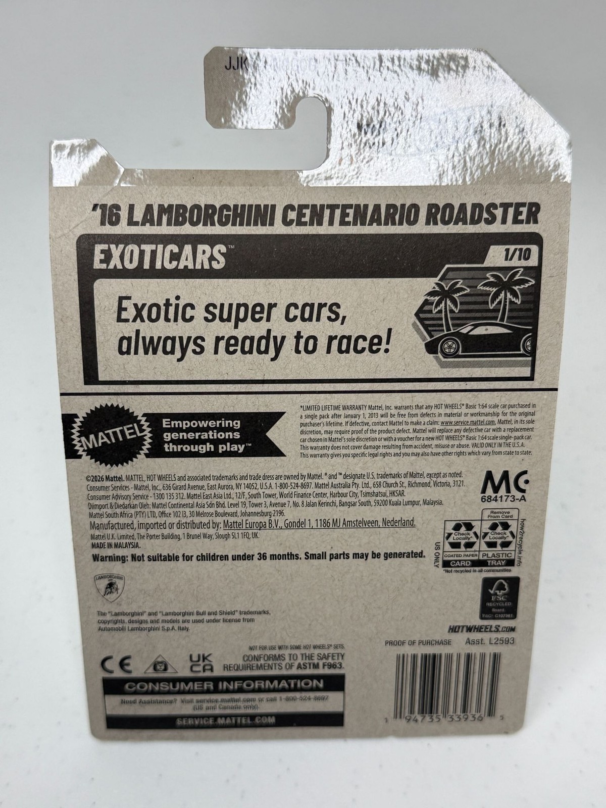 2026 Hot Wheels 16 Lamborghini Centenario Roadster Exotics 1/10 2/250 NOC