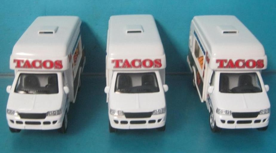 LOT OF 3 KINSFUN TACO FOOD TRUCK DIE CAST METAL PULLBACK ACTION TOY CAR VE-TACTR