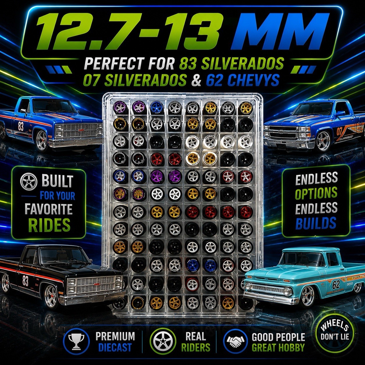 5 Variety Mix TRUCK Wheel Sets Rubber Tires For Your HOT WHEELS 1/64 Scale 12.7+
