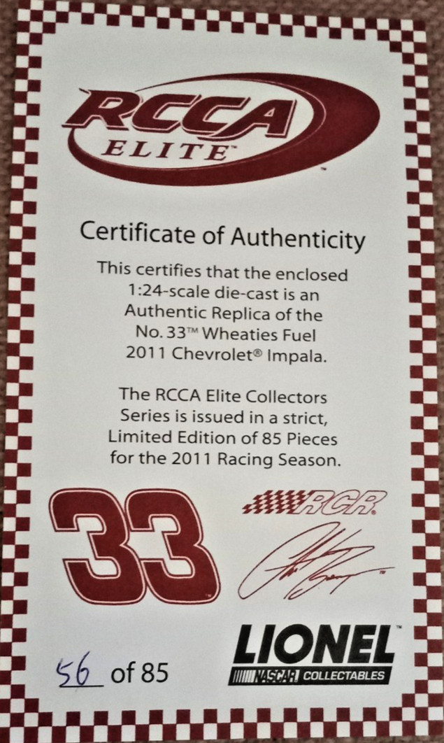 Clint Boyer #33 Wheaties Fuel 2011 Impala RCCA Elite 1:24 Scale Diecast#56 of 85