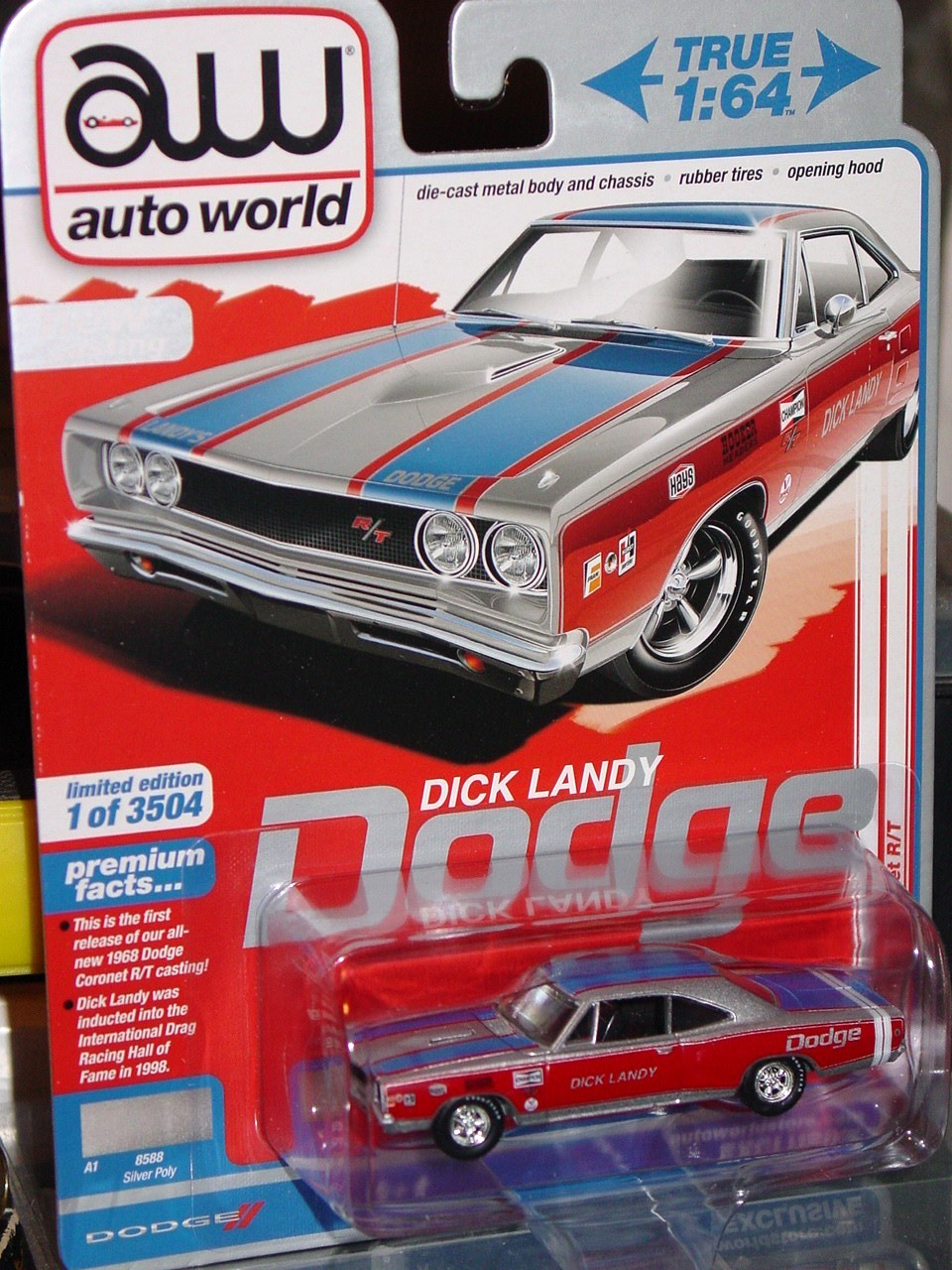 AUTO WORLD 1968 DODGE CORONET R/T DICK LANDY MOPAR MUSCLE CAR -Sliver, MIP
