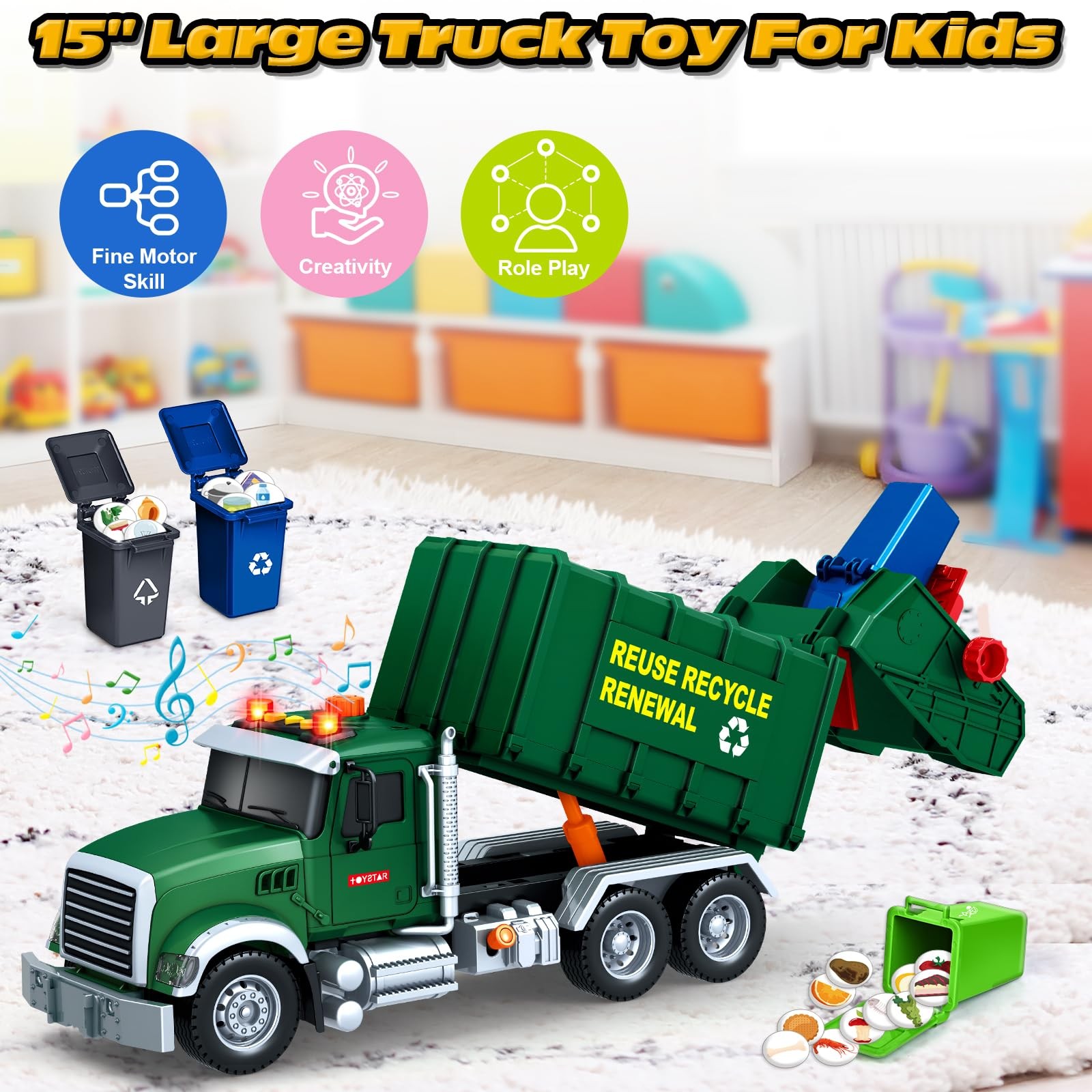 Kids Toys for 3 4 5 6 7 8 Years Old Boys, 15″ Large Garbage Truck Toy, Fricti…