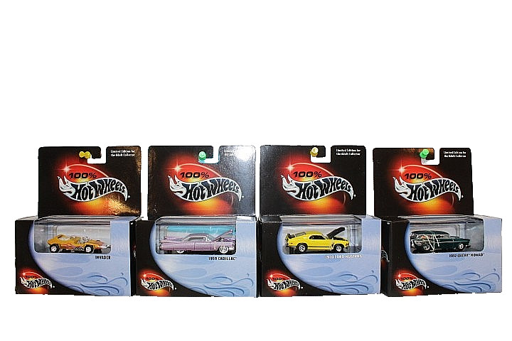 100% Hot Wheels 59 Cadillac, Invader, 1970 Ford Mustang, 1957 Chev. Nomad