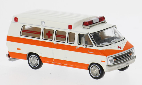 BREKINA 1975 DODGE B-200 AMBULANCE ORANGE / WHITE HO 1/87 PLASTIC