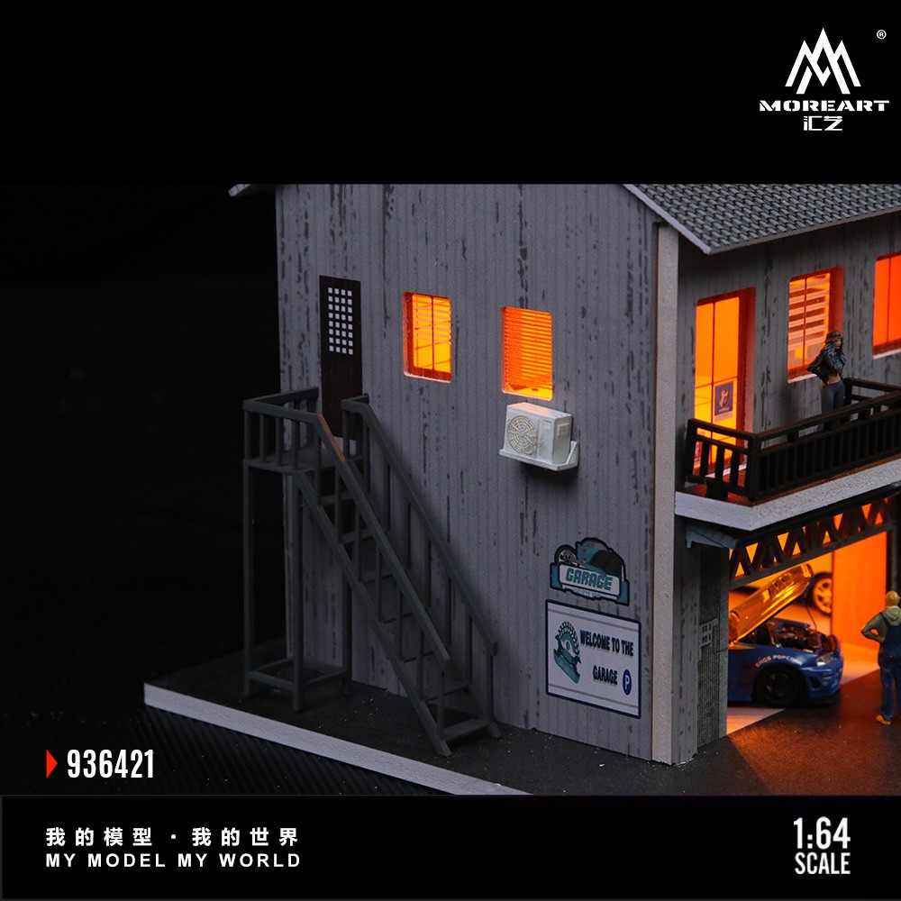 1/64 Diorama Diecast Garage Model LED Lights Display Parking Lot Building Scene
