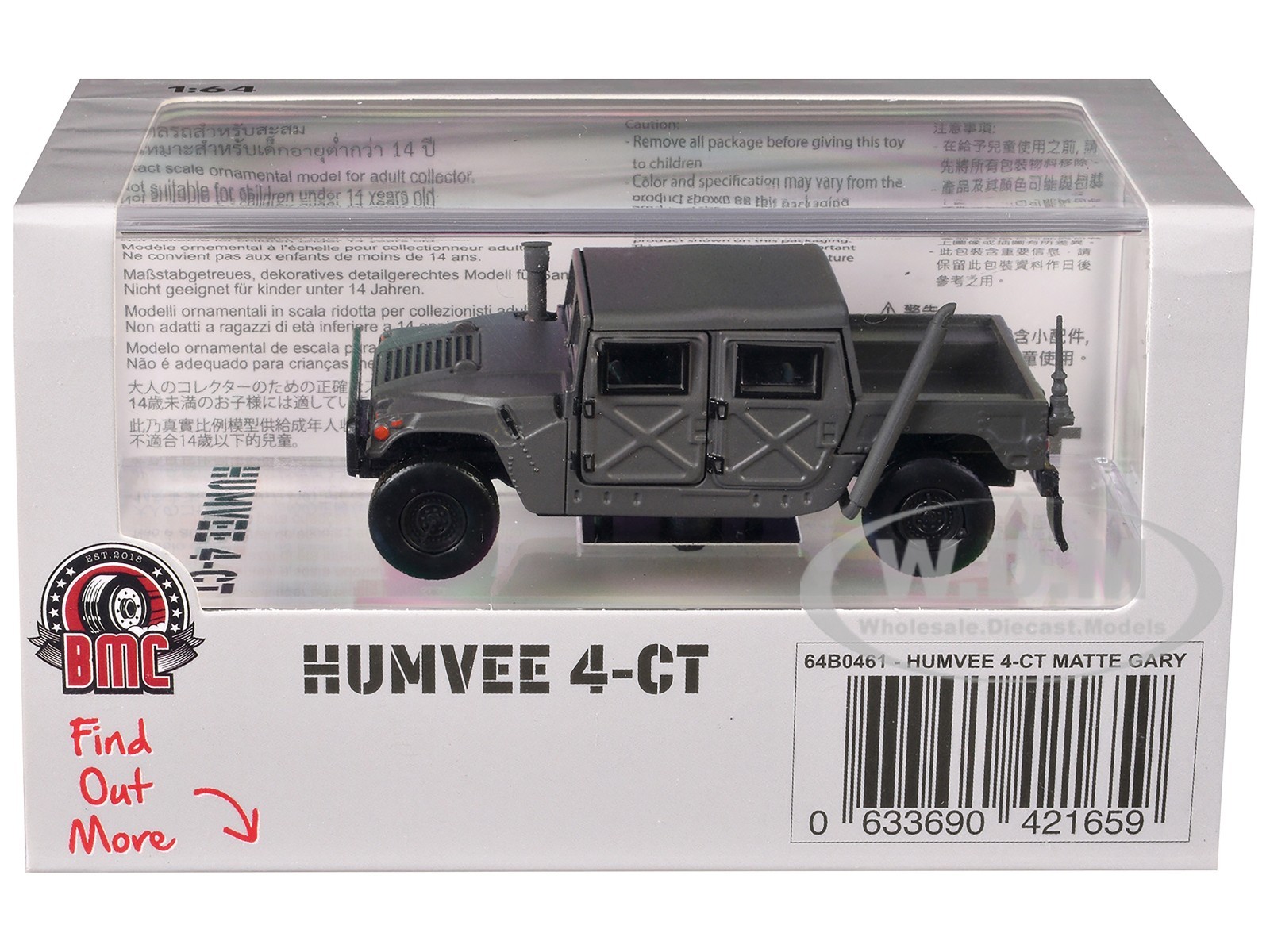 HUMVEE 4-CT MILITARY VEHICLE MATT GRAY 1/64 DIECAST BY BM CREATIONS 64B0461