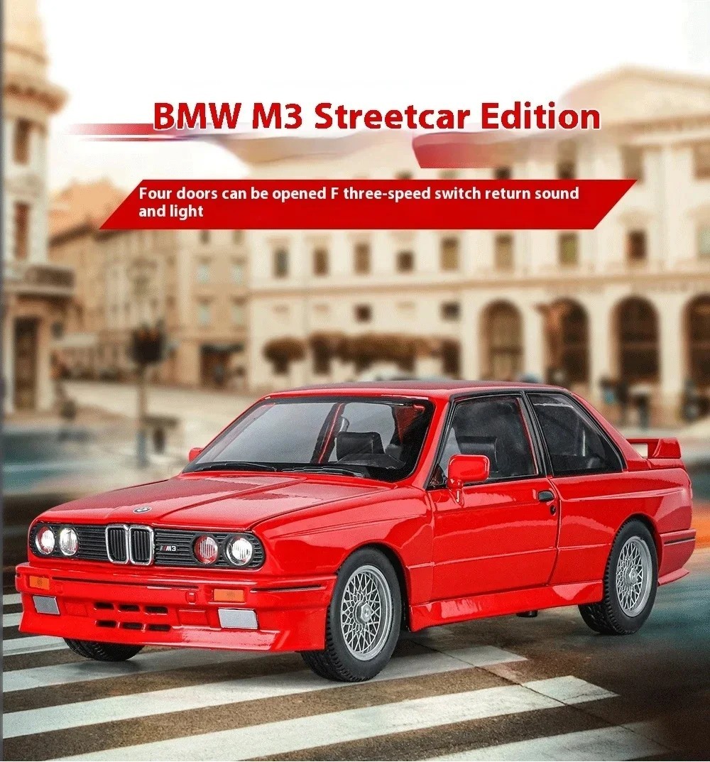 1:24 1988 BMW M3 E30 Diecast Alloy Sports Car Model Sound & Light Collectible